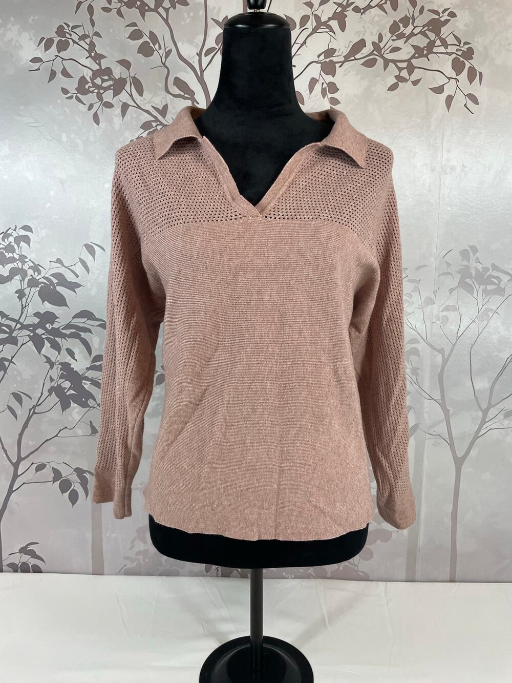 Vila Milano Womens Open Knit Yoke Collared Polo Sweater Top Mauve Pink Size L